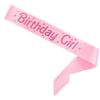 Pink birthday girl sash with glitter lettering for birthday theme from Parte Haus party supply store in Bethesda MD