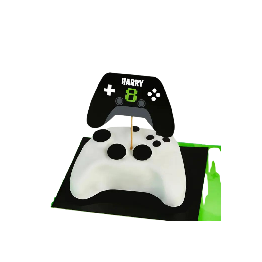 Black and white game controller cake topper for birthday gaming theme from Parte Haus party supply store in Bethesda MD