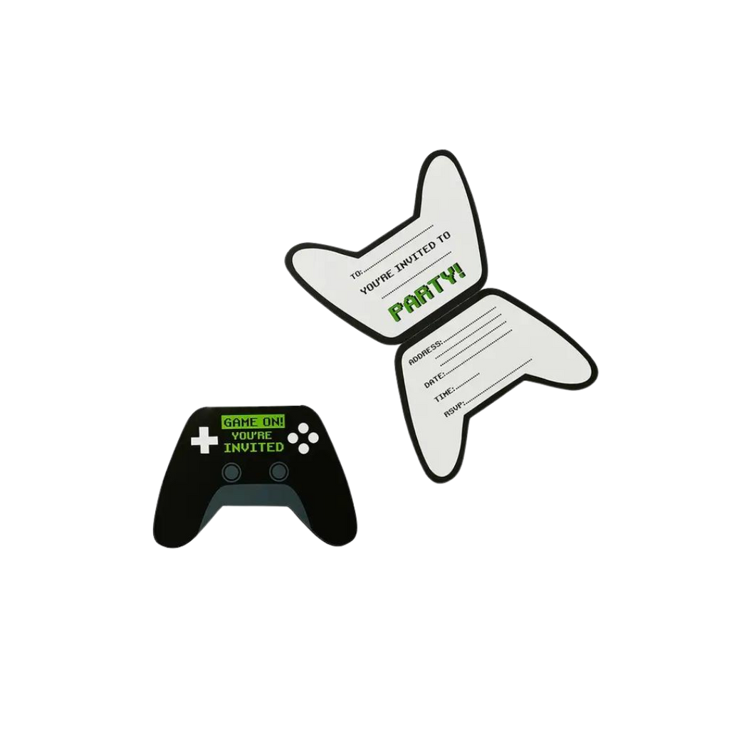 Black game controller invitation card for gaming birthday theme from Parte Haus party supply store in Bethesda Maryland