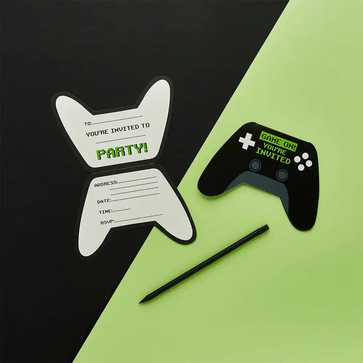Black and green game controller invitations for gaming birthday from Parte Haus party supply store in Bethesda MD