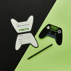 Black and green game controller invitations for gaming birthday from Parte Haus party supply store in Bethesda MD