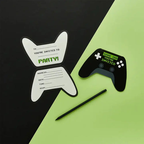 Black and green game controller invitations for gaming birthday from Parte Haus party supply store in Bethesda MD