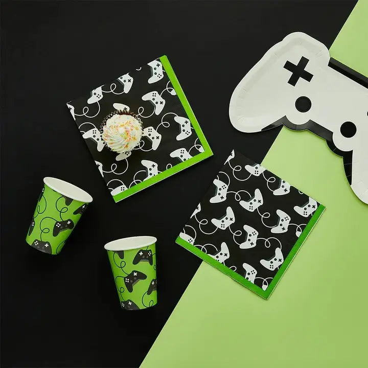 Black and green game controller paper napkins and cups for gaming birthday from Parte Haus party supply store in Bethesda, MD