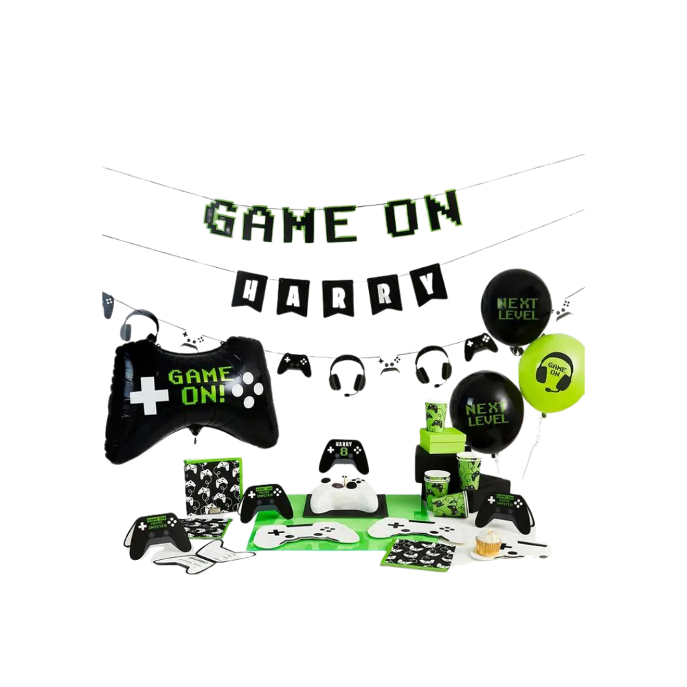 Green and black gaming themed birthday decoration set for kids from Parte Haus party supply store in Bethesda Maryland