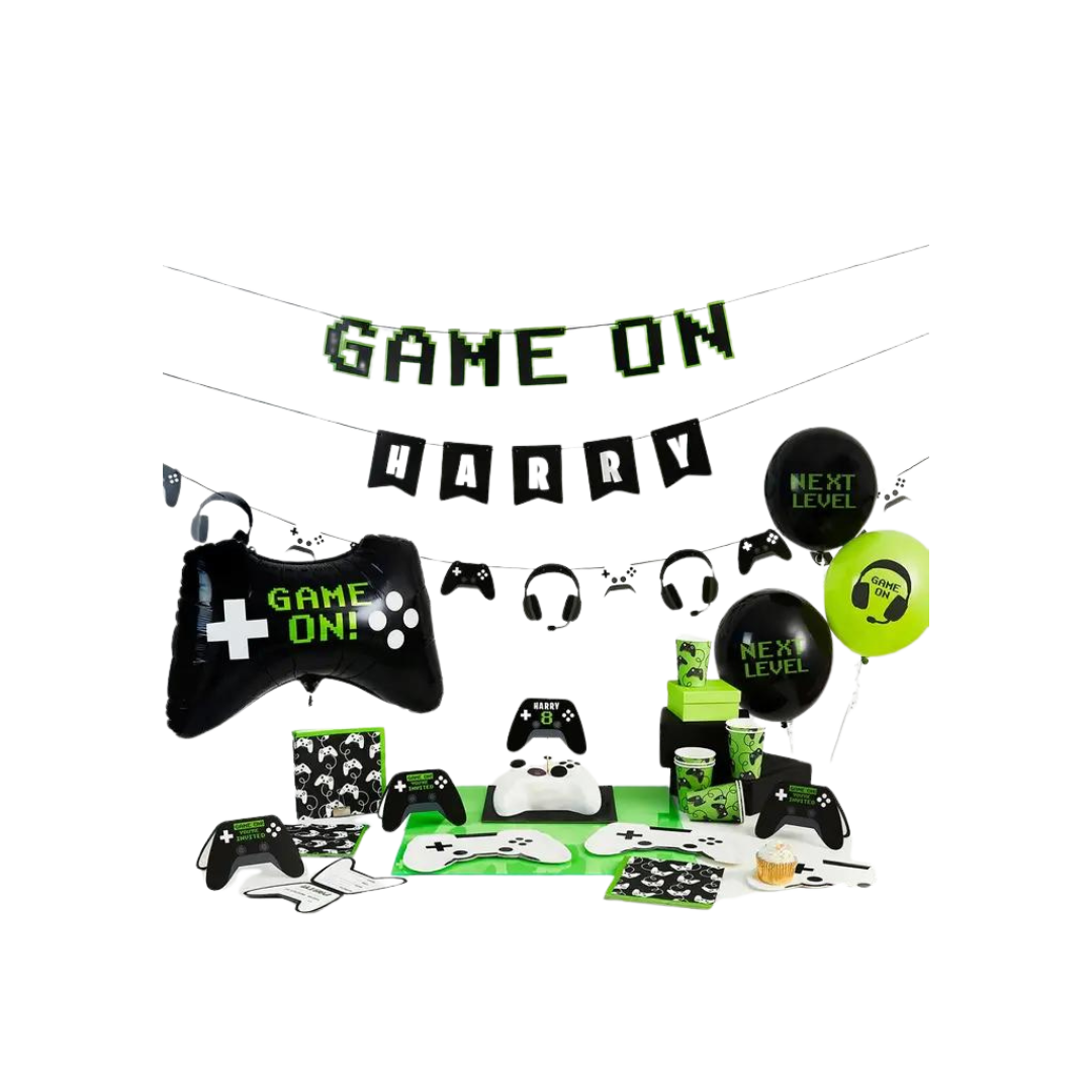 Green and black gaming themed birthday decoration set for kids from Parte Haus party supply store in Bethesda Maryland