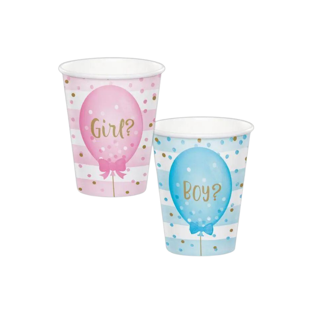 Pink and blue balloon print paper cups with girl or boy text for gender reveal from Parte Haus party supply store in Bethesda Maryland
