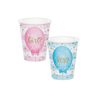 Pink and blue balloon print paper cups with girl or boy text for gender reveal from Parte Haus party supply store in Bethesda Maryland