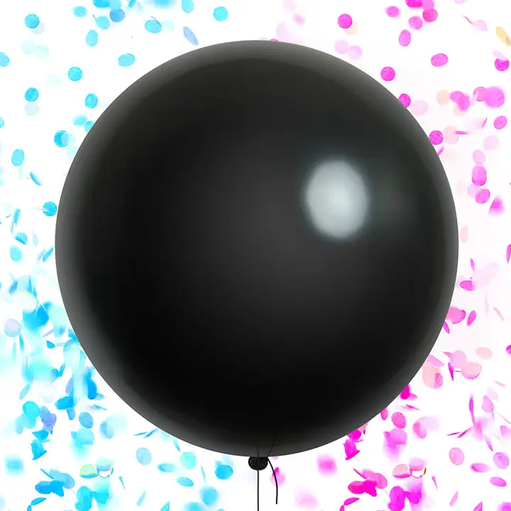 Black jumbo confetti balloon for gender reveal with blue and pink confetti from Parte Haus party supply store in Bethesda MD