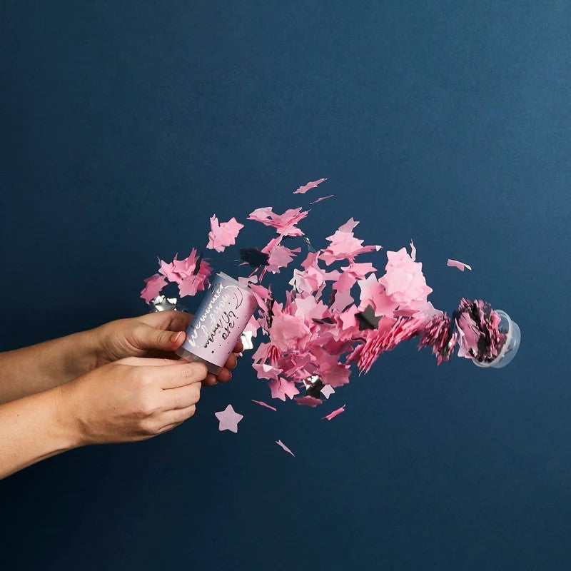 Pink confetti push pop with stars for gender reveal celebration from Parte Haus party supply store in Bethesda MD