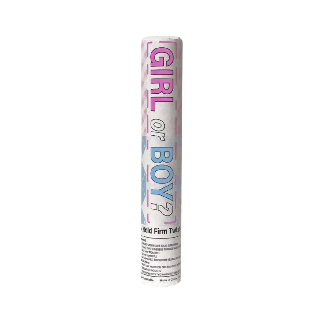 Pink gender reveal popper with girl or boy text baby shower theme from Parte Haus party supply store in Bethesda MD