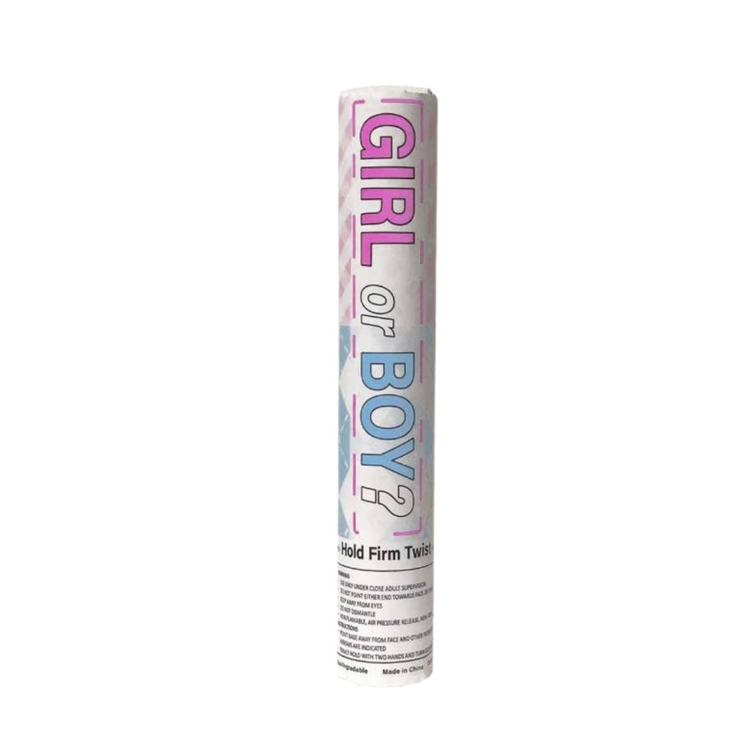 Pink gender reveal popper with girl or boy text baby shower theme from Parte Haus party supply store in Bethesda MD