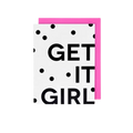 White and black polka dot congratulations card with bold get it girl text from Parte Haus party supply store in Bethesda Maryland