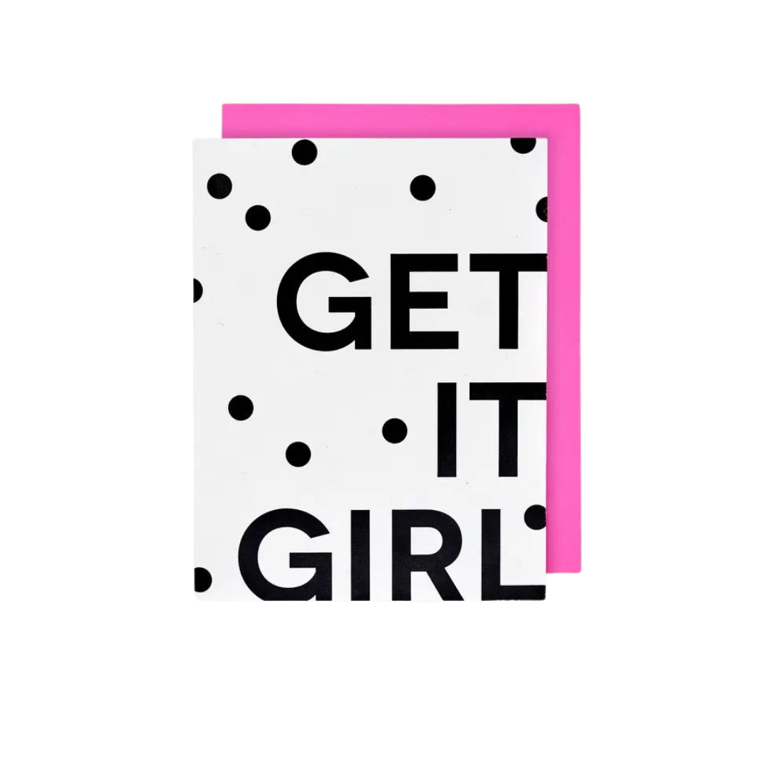 White and black polka dot congratulations card with bold get it girl text from Parte Haus party supply store in Bethesda Maryland
