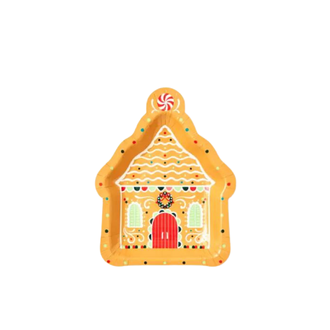 Brown gingerbread house shaped die cut Christmas plate holiday theme from Parte Haus party supply store in Bethesda MD