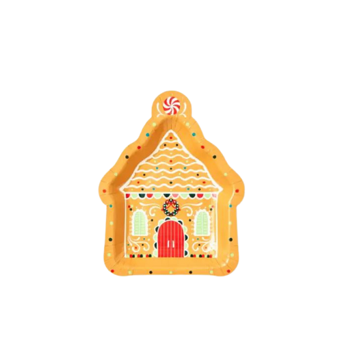 Brown gingerbread house shaped die cut Christmas plate holiday theme from Parte Haus party supply store in Bethesda MD