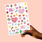 Colorful kids temporary tattoo sheet with girl power designs birthday party from Parte Haus party supply store in Bethesda MD