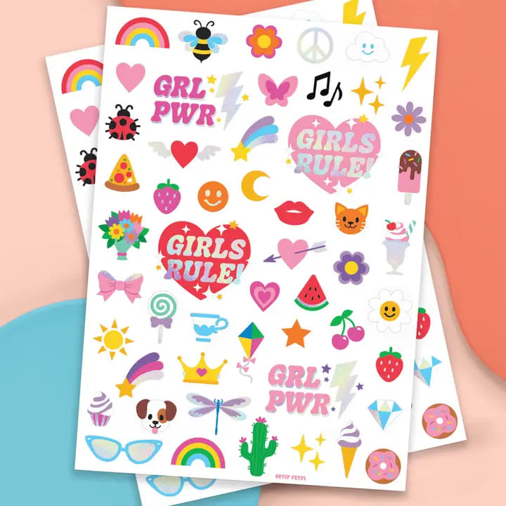 Colorful girls empowerment kids temporary tattoo sheets with hearts rainbows fun icons birthday from Parte Haus party supply store in Bethesda Maryland
