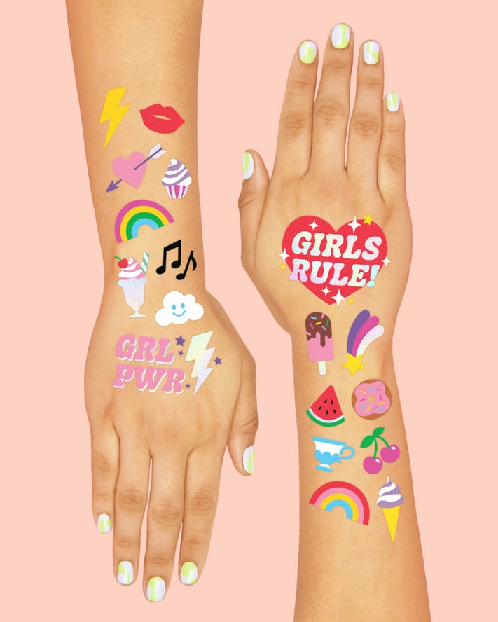 Colorful girls temporary tattoos with rainbows ice cream and hearts fun birthday from Parte Haus party supply store in Bethesda MD.