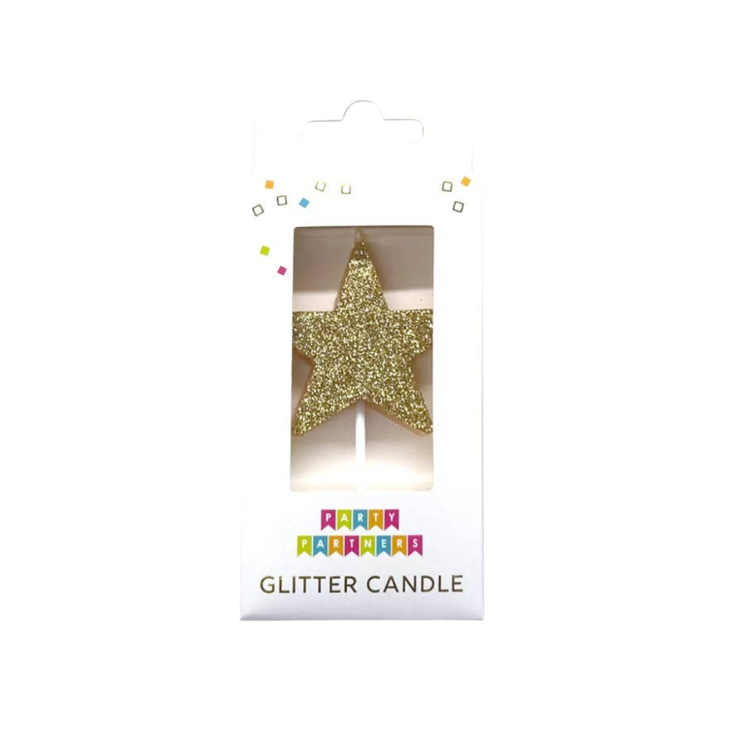 Gold star glitter candle for birthdays from Parte Haus party supply store in Bethesda Maryland