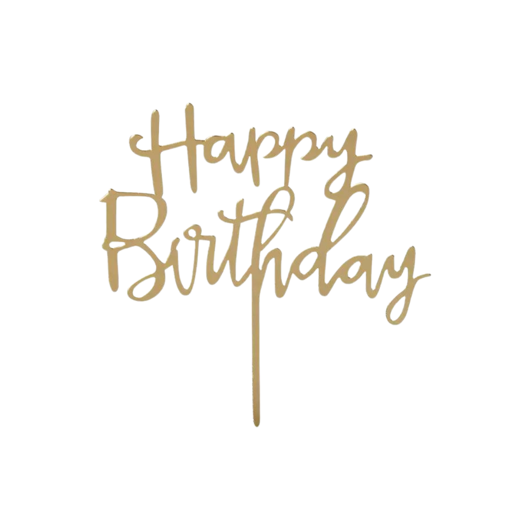 Gold acrylic happy birthday cake topper with script design for birthday from Parte Haus party supply store in Bethesda Maryland