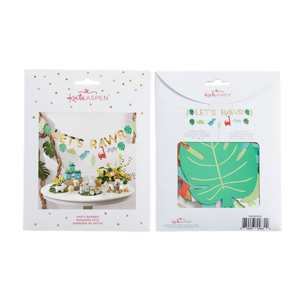 Gold dinosaur birthday banner with jungle leaves lets rawr theme from Parte Haus party supply store in Bethesda Maryland