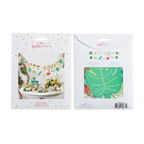 Gold dinosaur birthday banner with jungle leaves lets rawr theme from Parte Haus party supply store in Bethesda Maryland