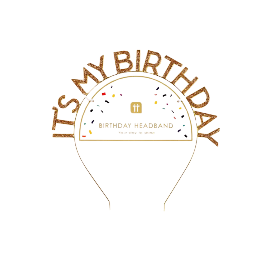 Gold birthday headband with glitter letters birthday celebration from Parte Haus party supply store in Bethesda MD