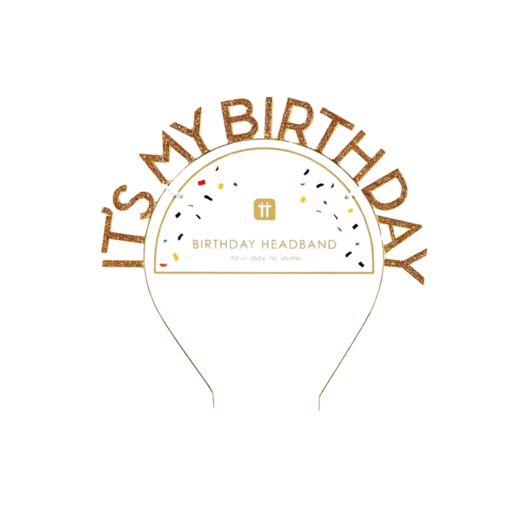 Gold birthday headband with glitter letters birthday celebration from Parte Haus party supply store in Bethesda MD