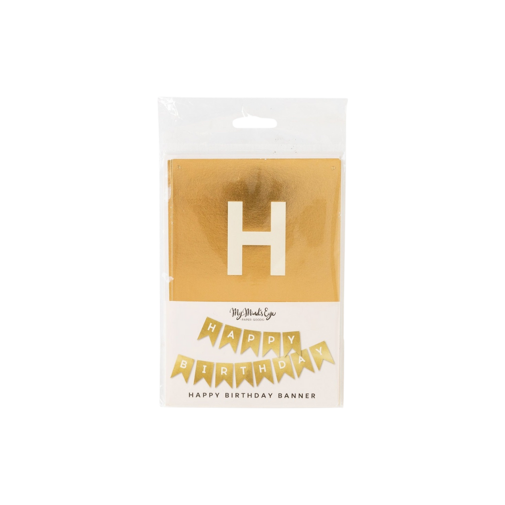 Gold foil happy birthday word banner for birthday celebration from Parte Haus party supply store in Bethesda MD