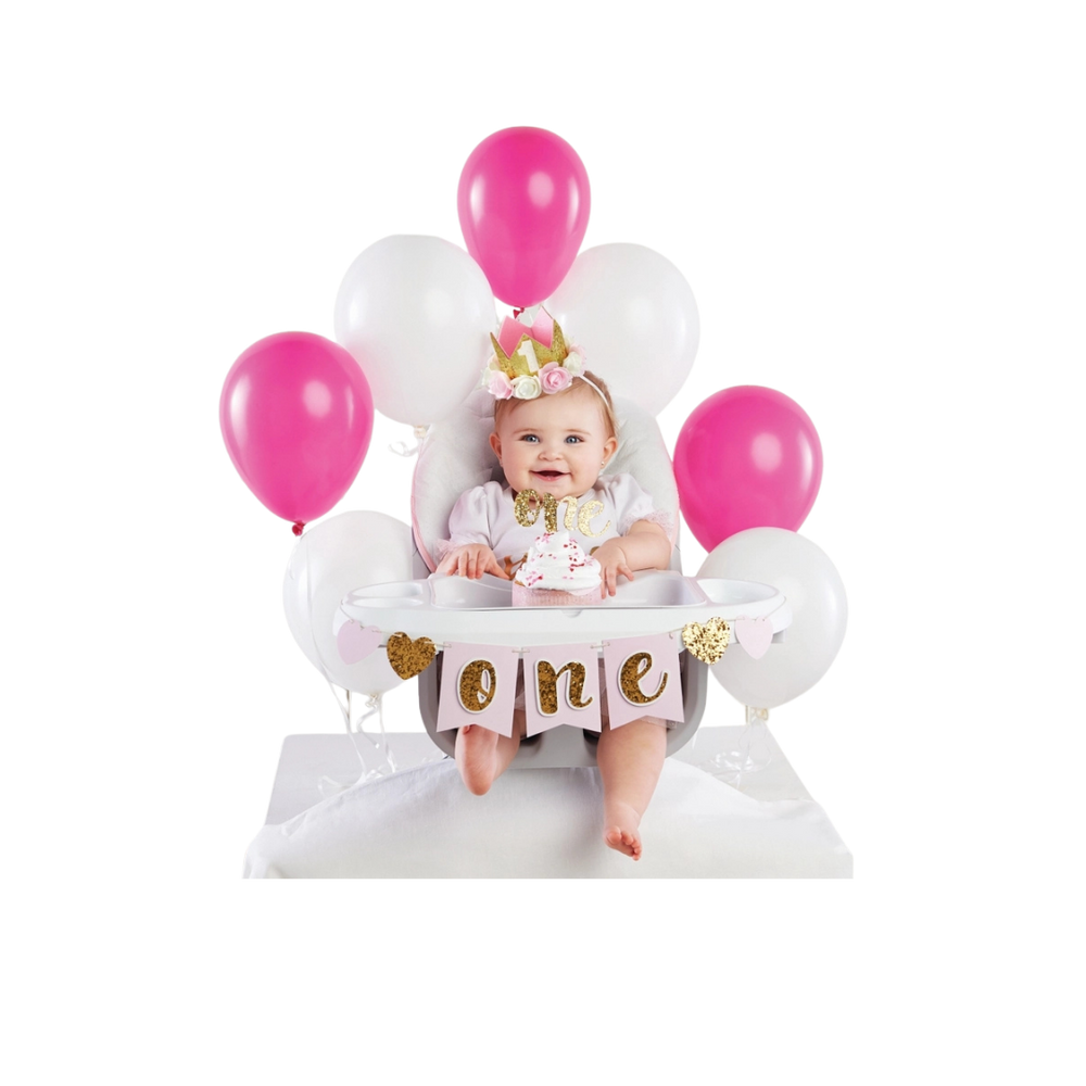 Gold glitter first birthday decor kit with crown rosette and pink white balloons from Parte Haus party supply store in Bethesda MD