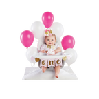 Gold glitter first birthday decor kit with crown rosette and pink white balloons from Parte Haus party supply store in Bethesda MD