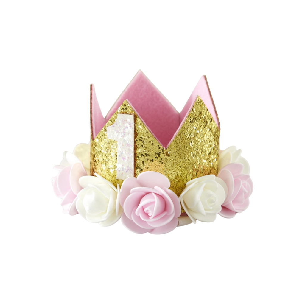 Gold glitter crown with pink and white roses for first birthday from Parte Haus party supply store in Bethesda MD
