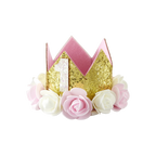 Gold glitter crown with pink and white roses for first birthday from Parte Haus party supply store in Bethesda MD