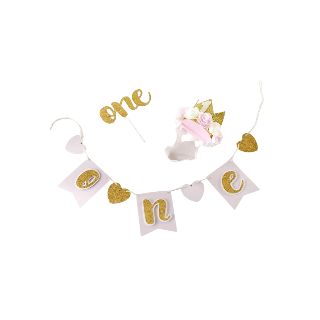 Gold glitter first birthday decor kit with crown for one year old from Parte Haus party supply store in Bethesda Maryland