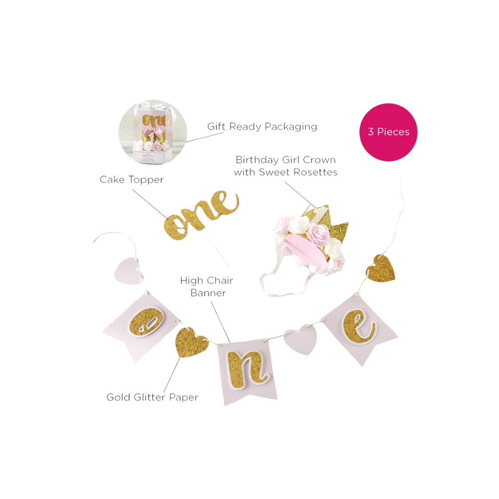 Gold glitter first birthday decor kit with rosette crown cake topper and banner from Parte Haus party supply store in Bethesda MD