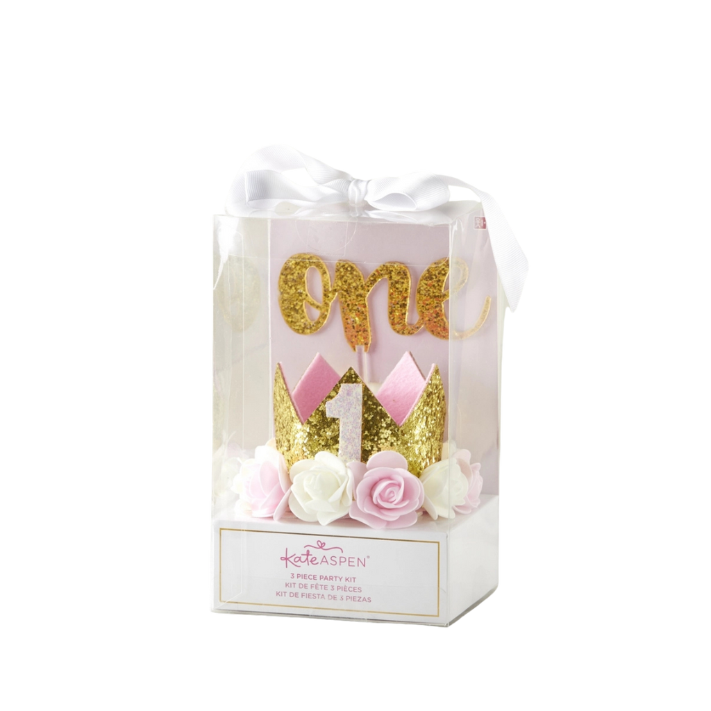 Gold glitter first birthday crown pink and white rosettes 1st birthday from Parte Haus party supply store in Bethesda Maryland