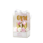 Gold glitter first birthday crown pink and white rosettes 1st birthday from Parte Haus party supply store in Bethesda Maryland