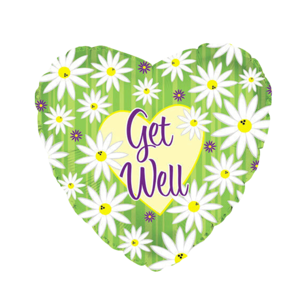 green heart get well balloon with white daisies for get well soon theme from Parte Haus party supply store in Bethesda MD