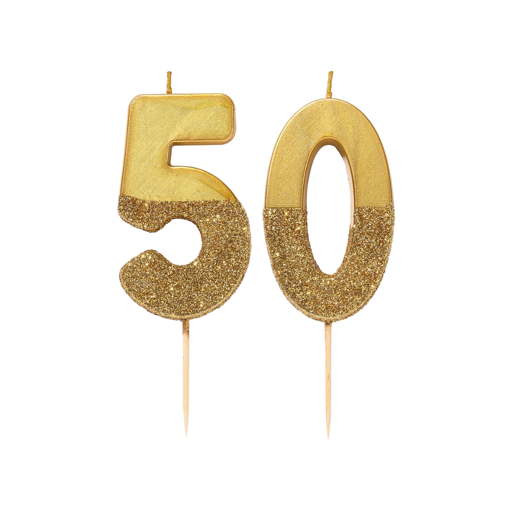 Gold glitter birthday number candles for 50th birthday from Parte Haus party supply store in Bethesda Maryland