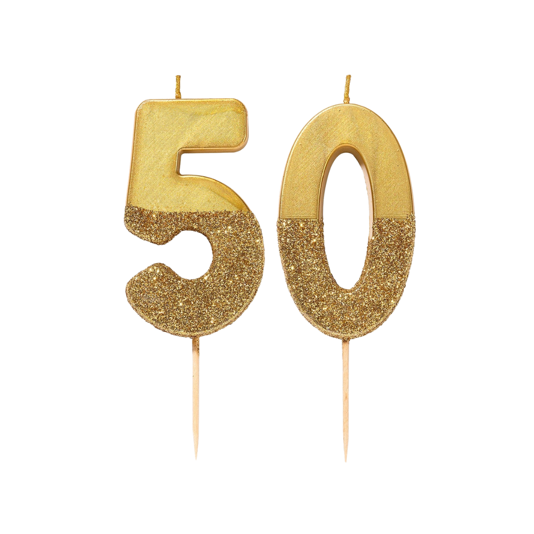 Gold glitter birthday number candles for 50th birthday from Parte Haus party supply store in Bethesda Maryland