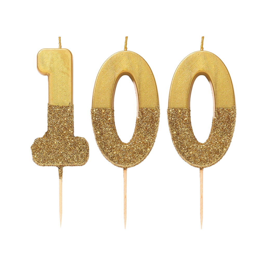 Gold glitter birthday number candles shaped 1 0 0 celebration theme from Parte Haus party supply store in Bethesda MD