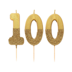 Gold glitter birthday number candles shaped 1 0 0 celebration theme from Parte Haus party supply store in Bethesda MD
