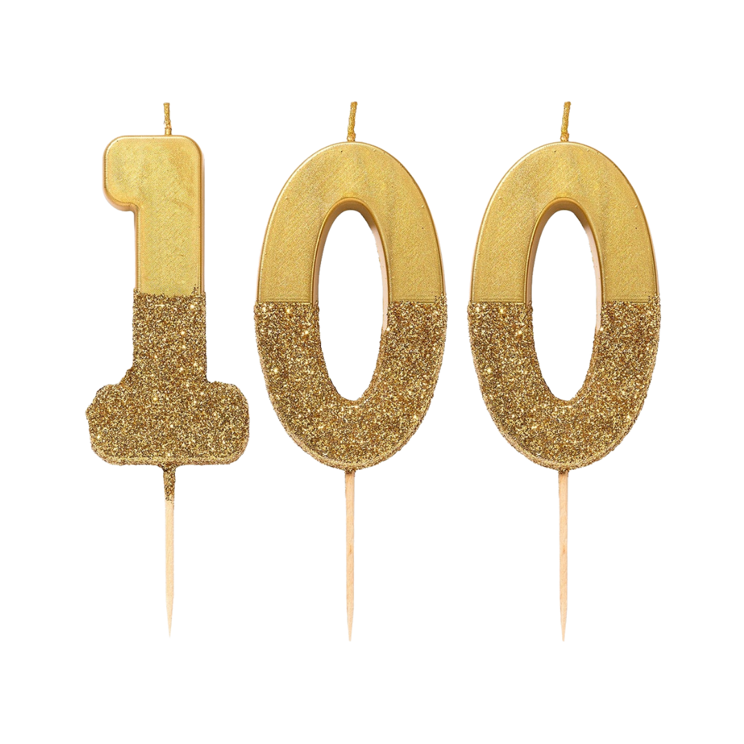 Gold glitter birthday number candles shaped 1 0 0 celebration theme from Parte Haus party supply store in Bethesda MD