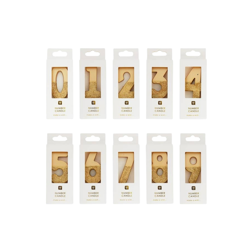 Gold glitter birthday number candles set for celebrations from Parte Haus party supply store in Bethesda Maryland