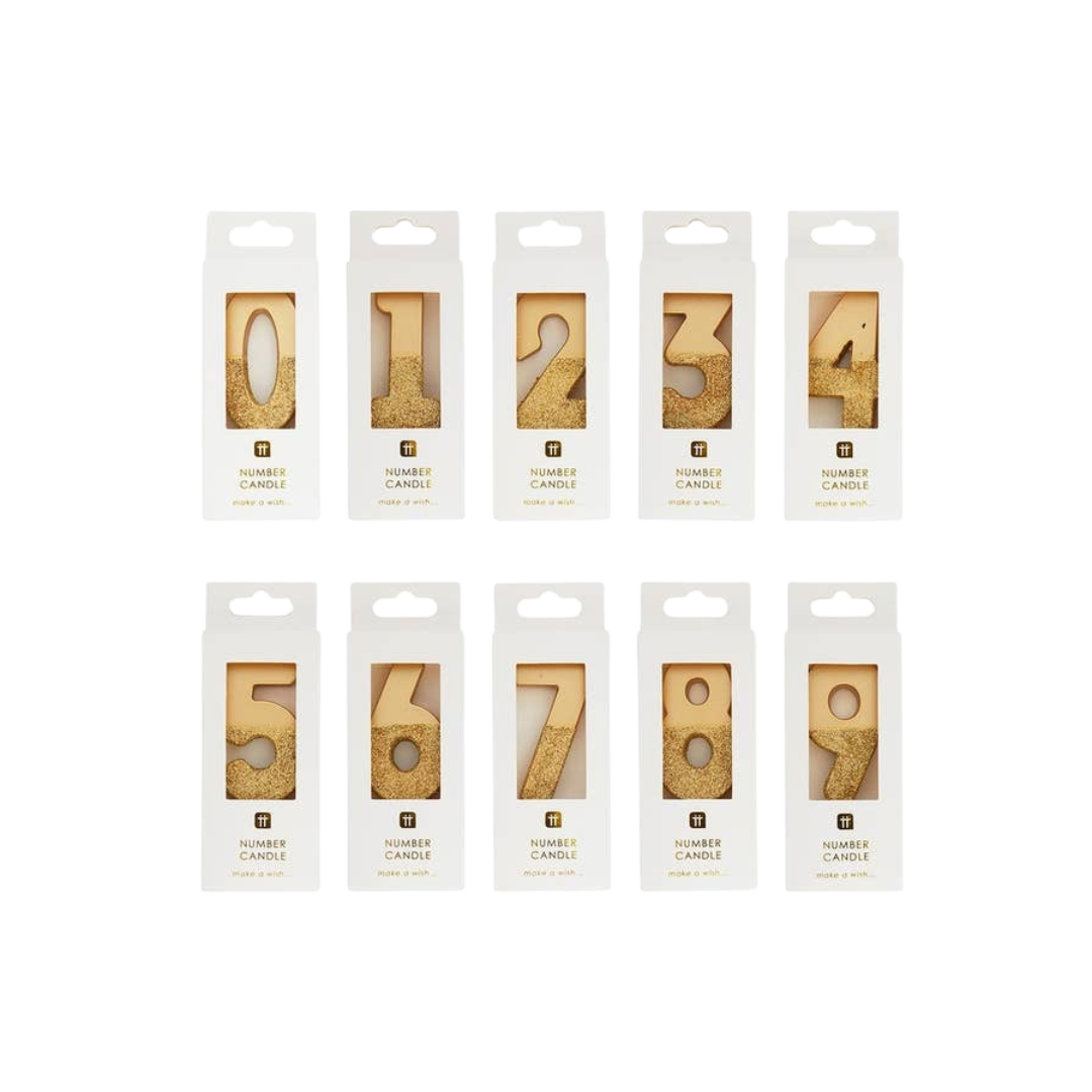 Gold glitter birthday number candles set for celebrations from Parte Haus party supply store in Bethesda Maryland