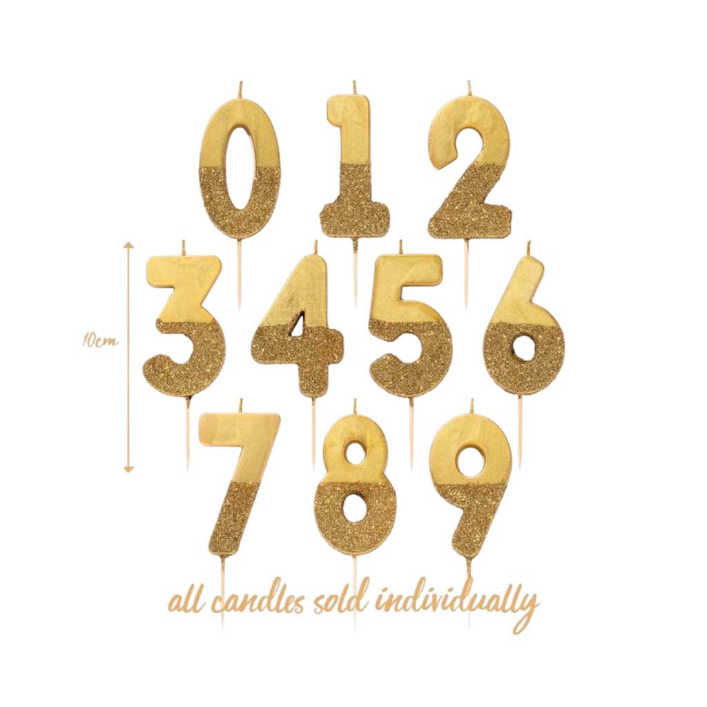 Gold glitter birthday number candles for celebration from Parte Haus party supply store in Bethesda Maryland