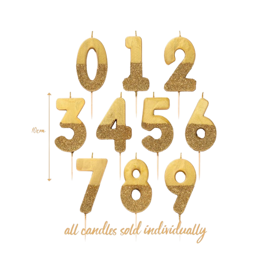 Gold glitter birthday number candles for celebration from Parte Haus party supply store in Bethesda Maryland