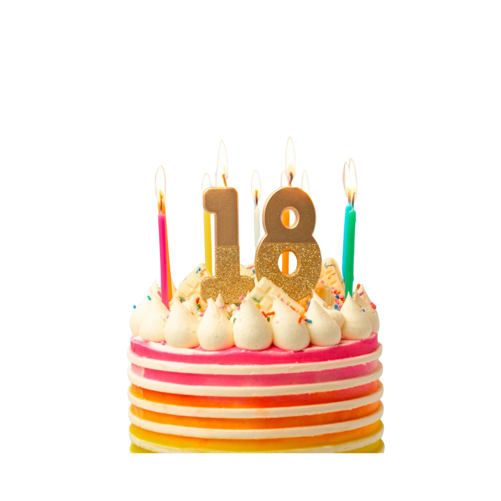 Gold glitter birthday number candles on colorful cake for birthday from Parte Haus party supply store in Bethesda Maryland