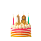Gold glitter birthday number candles on colorful cake for birthday from Parte Haus party supply store in Bethesda Maryland
