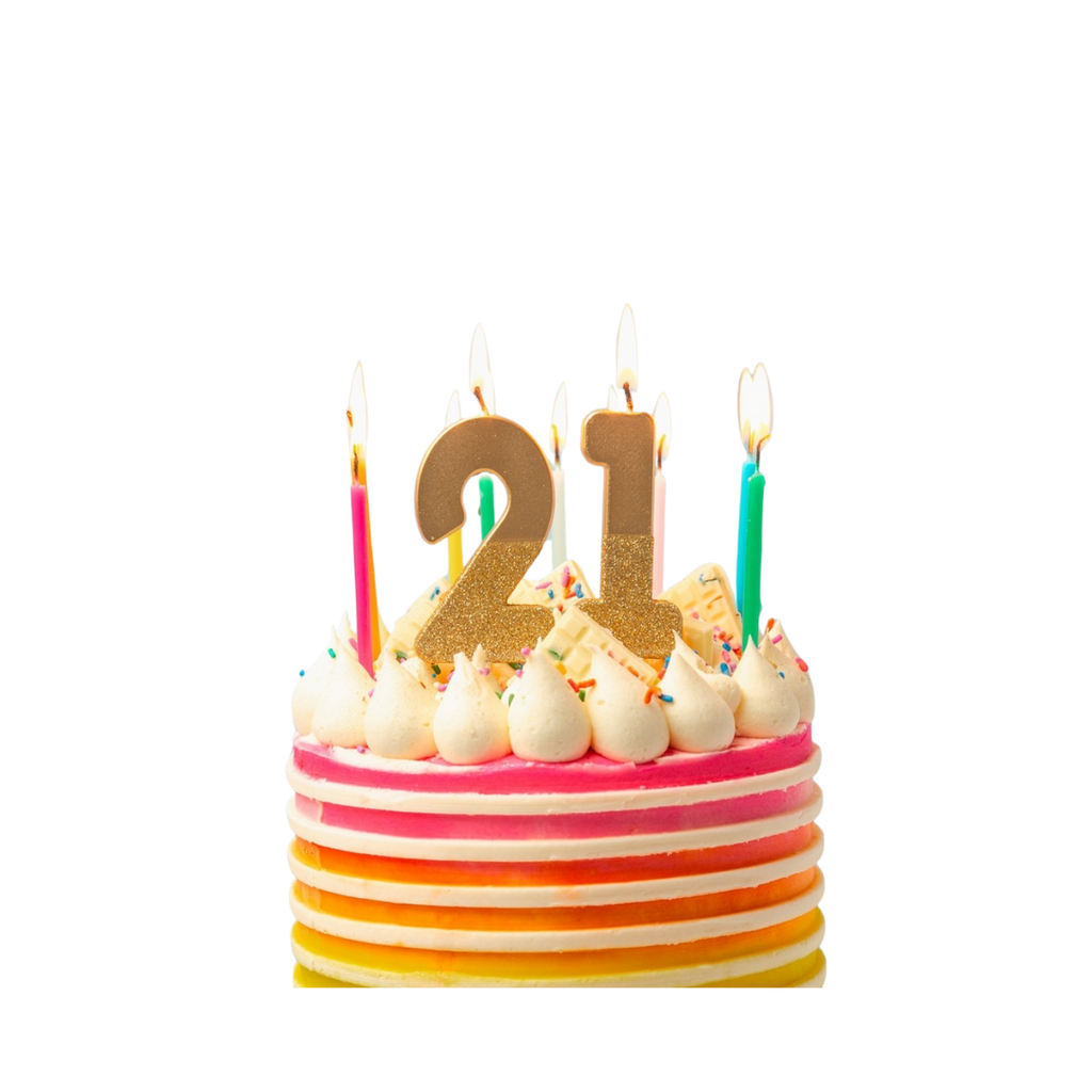 Gold glitter birthday number candles set with rainbow cake for birthday from Parte Haus party supply store in Bethesda Maryland